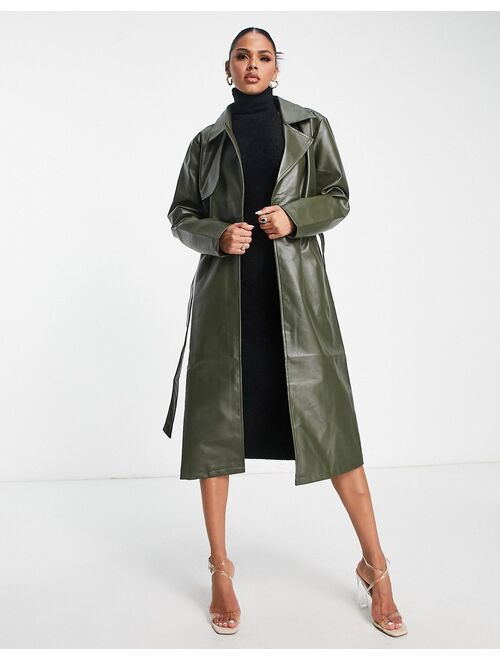 Aria Cove faux leather trench coat in khaki