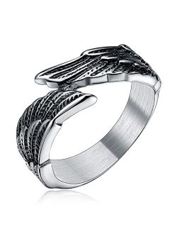 TIGRADE Antique Stainless Steel Ring Feather Angel Wing Cast Black Silver Band Size 4.5-14.5