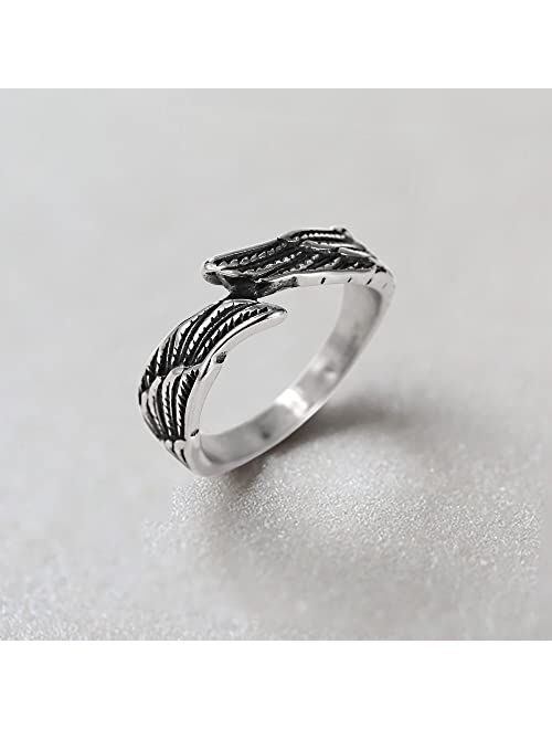 TIGRADE Antique Stainless Steel Ring Feather Angel Wing Cast Black Silver Band Size 4.5-14.5