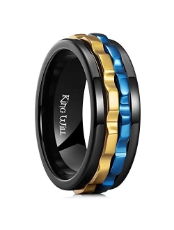 King Will Mens Black Blue Gear Spinner Rings Stainless Steel Fidgets Two Black Gear Fidget Ring High Polish Anxiety Ring For Men Women Wedding Band