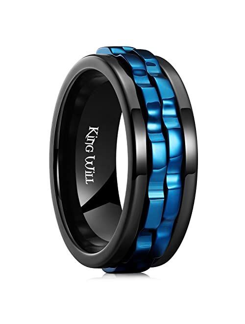 King Will Mens Black Blue Gear Spinner Rings Stainless Steel Fidgets Two Black Gear Fidget Ring High Polish Anxiety Ring For Men Women Wedding Band