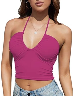 Honlyps Padded Crop Tank Tops for Women Longline Sports Bra Ribbed Sexy Strappy Camisole Halter V Neck Backless Sleeveless Clubwear