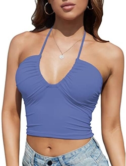 Honlyps Padded Crop Tank Tops for Women Longline Sports Bra Ribbed Sexy Strappy Camisole Halter V Neck Backless Sleeveless Clubwear