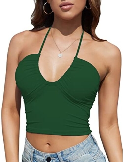 Honlyps Padded Crop Tank Tops for Women Longline Sports Bra Ribbed Sexy Strappy Camisole Halter V Neck Backless Sleeveless Clubwear