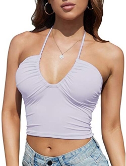 Honlyps Padded Crop Tank Tops for Women Longline Sports Bra Ribbed Sexy Strappy Camisole Halter V Neck Backless Sleeveless Clubwear