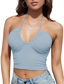 Honlyps Padded Crop Tank Tops for Women Longline Sports Bra Ribbed Sexy Strappy Camisole Halter V Neck Backless Sleeveless Clubwear