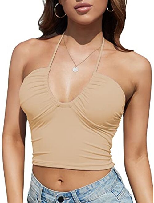 Honlyps Padded Crop Tank Tops for Women Longline Sports Bra Ribbed Sexy Strappy Camisole Halter V Neck Backless Sleeveless Clubwear