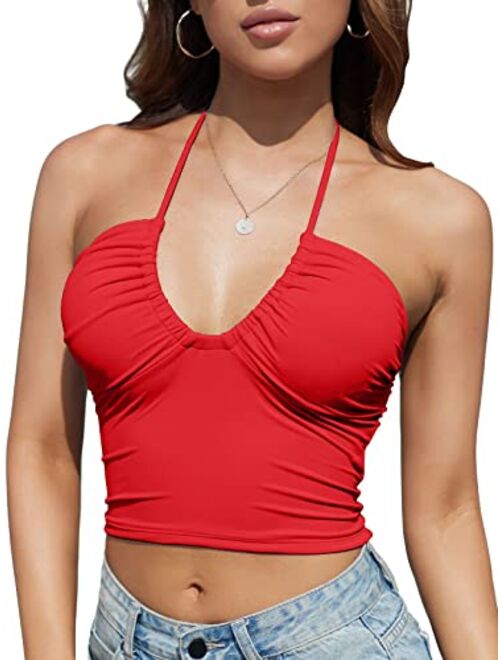 Honlyps Padded Crop Tank Tops for Women Longline Sports Bra Ribbed Sexy Strappy Camisole Halter V Neck Backless Sleeveless Clubwear