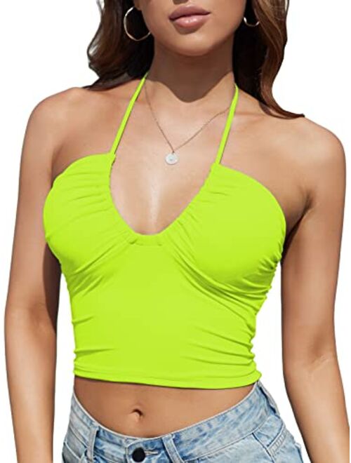 Honlyps Padded Crop Tank Tops for Women Longline Sports Bra Ribbed Sexy Strappy Camisole Halter V Neck Backless Sleeveless Clubwear