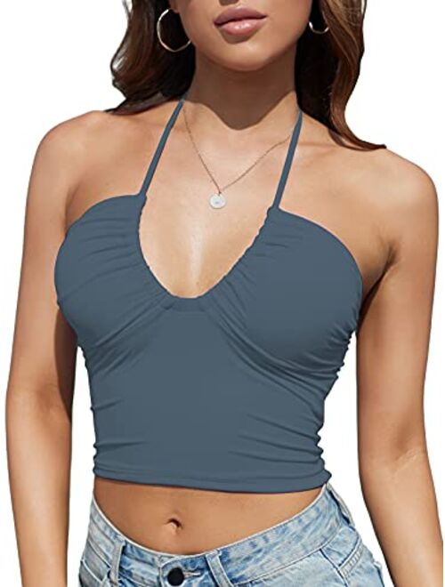 Honlyps Padded Crop Tank Tops for Women Longline Sports Bra Ribbed Sexy Strappy Camisole Halter V Neck Backless Sleeveless Clubwear