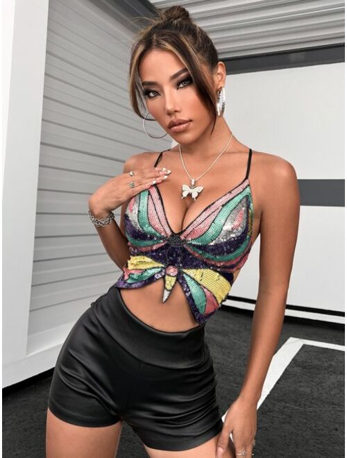 Apperloth A Lace Up Backless Sequin Butterfly Shape Cami Top