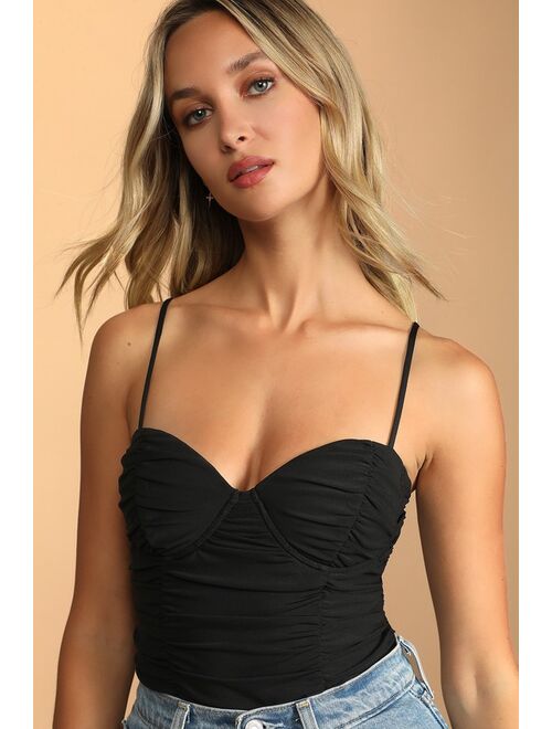 Lulus Caught My Attention Black Ruched Bustier Bodysuit