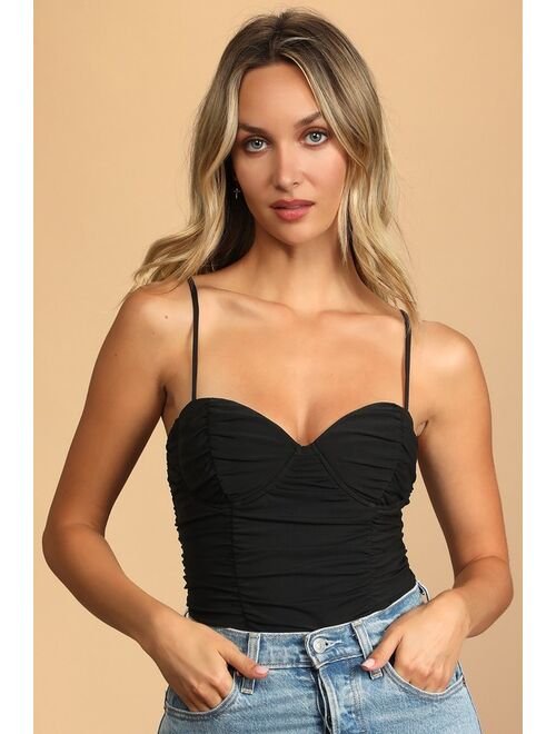 Lulus Caught My Attention Black Ruched Bustier Bodysuit