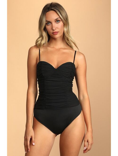 Lulus Caught My Attention Black Ruched Bustier Bodysuit