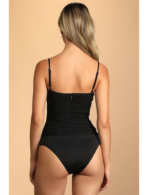 Lulus Caught My Attention Black Ruched Bustier Bodysuit