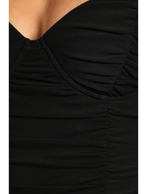 Lulus Caught My Attention Black Ruched Bustier Bodysuit