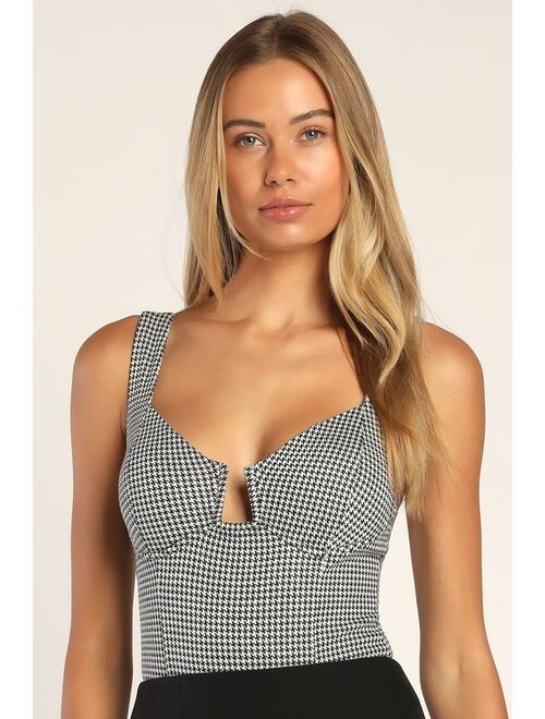 Lulus Classic Crush Black and White Houndstooth Print Notched Bodysuit