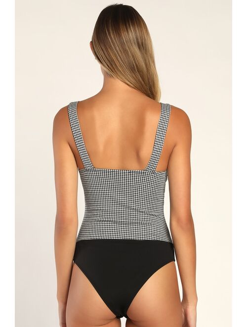 Lulus Classic Crush Black and White Houndstooth Print Notched Bodysuit