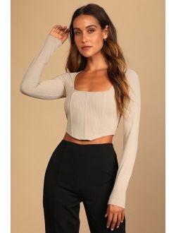 Flair for the Flirty Beige Ribbed Long Sleeve Bustier Crop Top