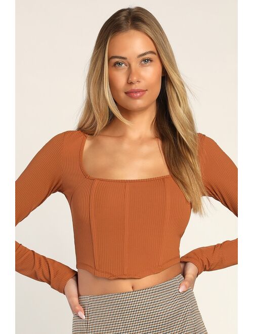 Lulus Flair for the Flirty Beige Ribbed Long Sleeve Bustier Crop Top