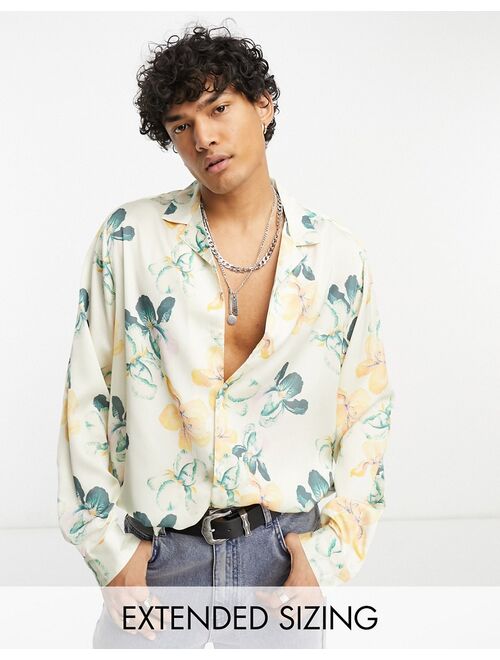 ASOS DESIGN relaxed revere satin shirt in white floral print