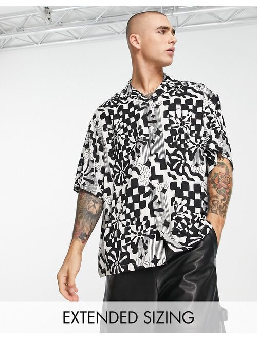 ASOS DESIGN boxy oversized camp collar shirt in black and white checkerboard print