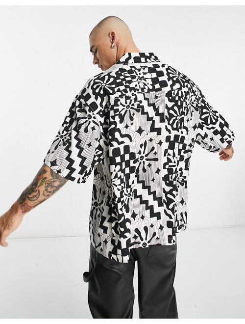 ASOS DESIGN boxy oversized camp collar shirt in black and white checkerboard print