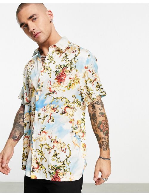 ASOS DESIGN relaxed satin shirt in cherub cloud print