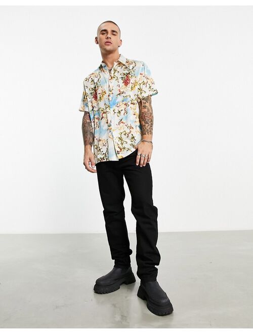 ASOS DESIGN relaxed satin shirt in cherub cloud print