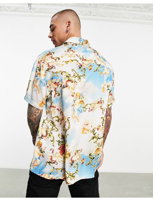 ASOS DESIGN relaxed satin shirt in cherub cloud print