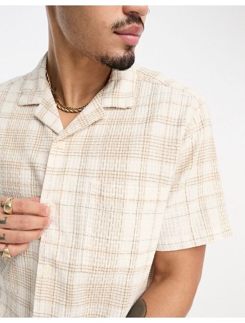 ASOS DESIGN relaxed revere textured check shirt in beige