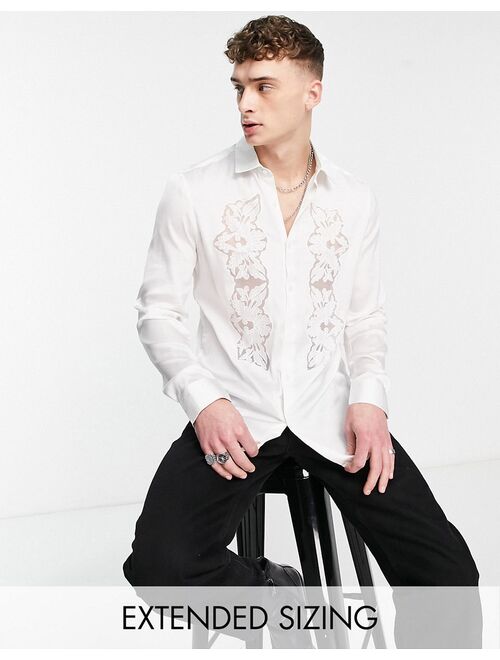 ASOS DESIGN satin shirt with cut out lace embroidery panels in white