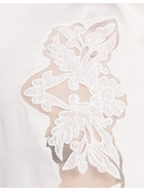 ASOS DESIGN satin shirt with cut out lace embroidery panels in white