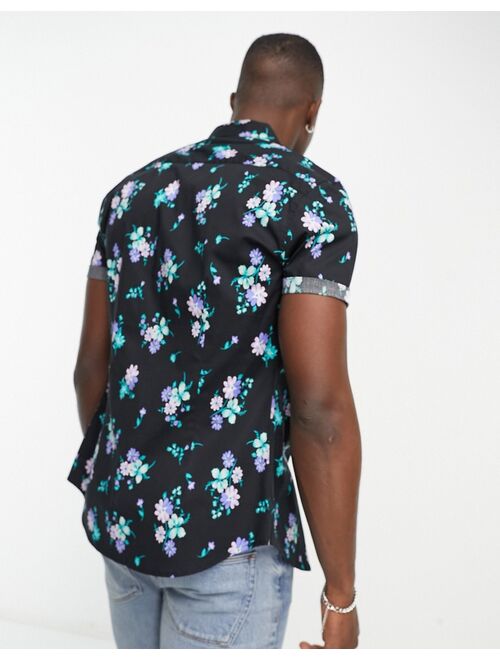 ASOS DESIGN stretch skinny shirt in black and blue floral print