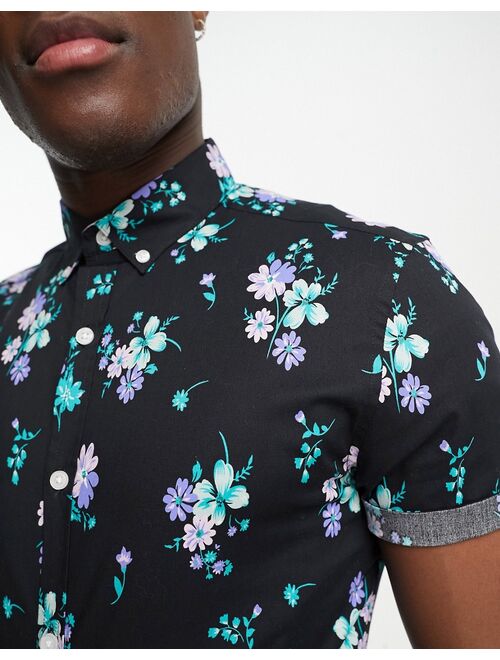 ASOS DESIGN stretch skinny shirt in black and blue floral print