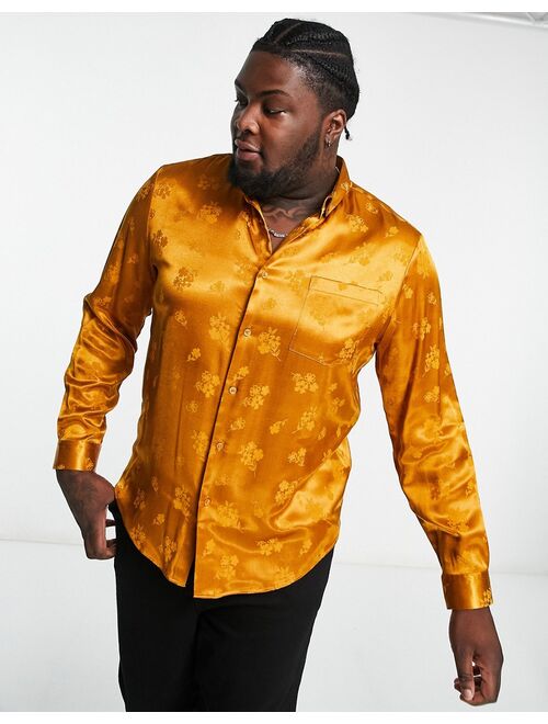 ASOS DESIGN regular floral satin jacquard shirt in gold