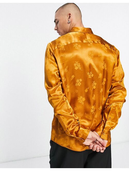 ASOS DESIGN regular floral satin jacquard shirt in gold