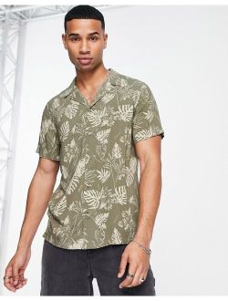 tropical print revere collar shirt in khaki