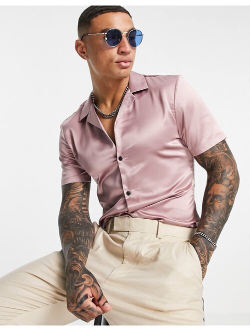 ASOS DESIGN skinny satin shirt with camp collar in dusky pink