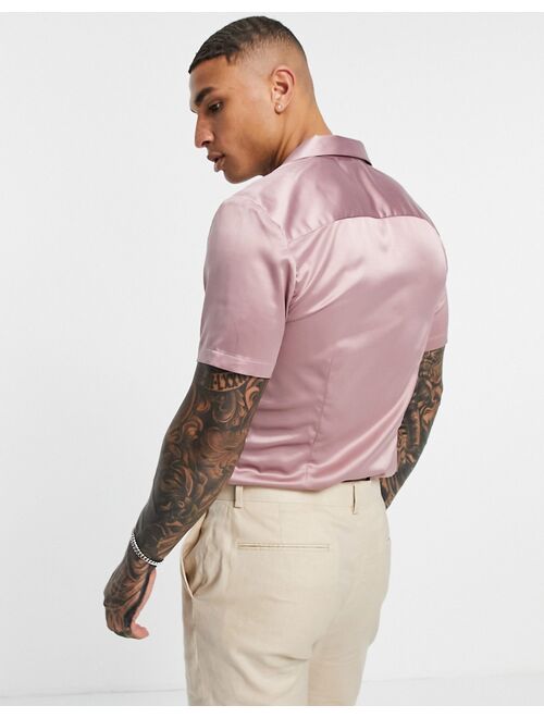 ASOS DESIGN skinny satin shirt with camp collar in dusky pink