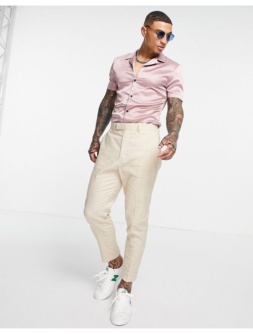 ASOS DESIGN skinny satin shirt with camp collar in dusky pink