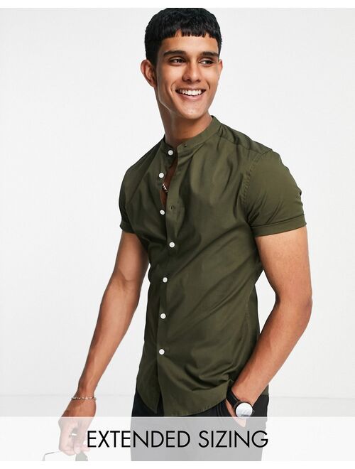 ASOS DESIGN skinny fit shirt with band collar in khaki