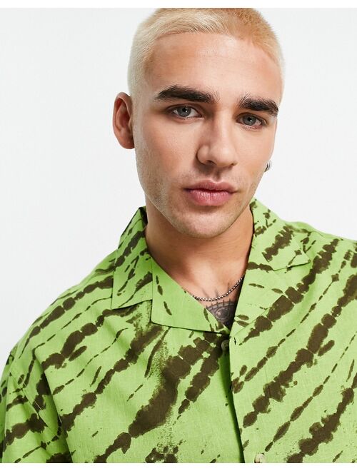 ASOS DESIGN boxy oversized revere linen mix shirt in green tie dye