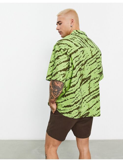 ASOS DESIGN boxy oversized revere linen mix shirt in green tie dye