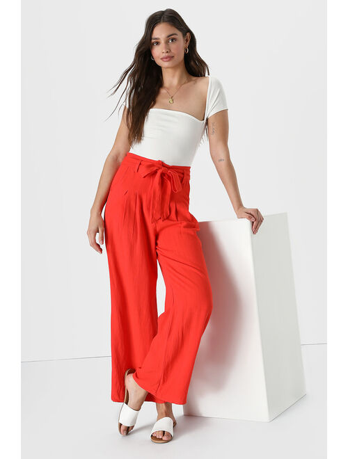 Lulus Trend Alert Red Orange Belted High-Waisted Wide-Leg Pants