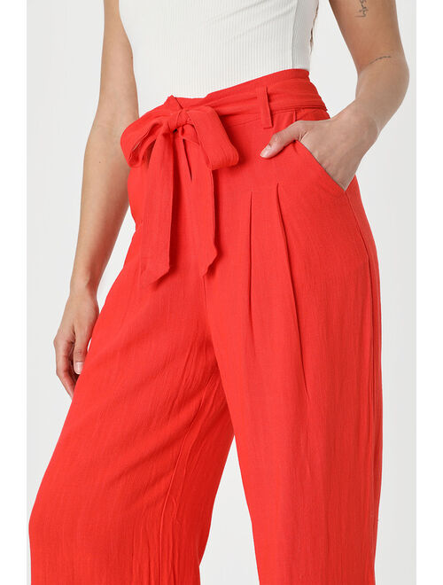 Lulus Trend Alert Red Orange Belted High-Waisted Wide-Leg Pants