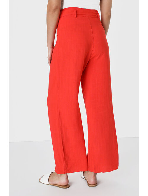 Lulus Trend Alert Red Orange Belted High-Waisted Wide-Leg Pants