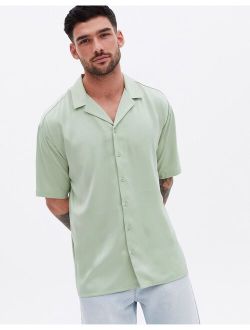 oversized short sleeve satin shirt in light khaki