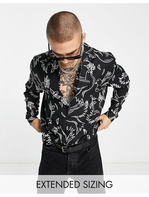 ASOS DESIGN relaxed camp collar shirt in black with bird print