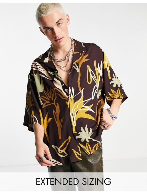 ASOS DESIGN boxy oversized shirt in brown scribble floral print